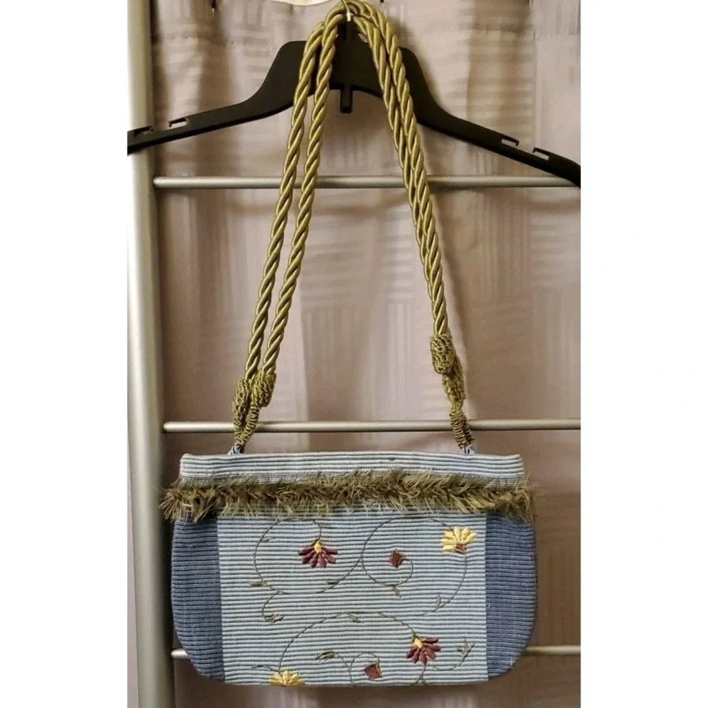 Blue Floral Embroidered Tote Bag Purse 12